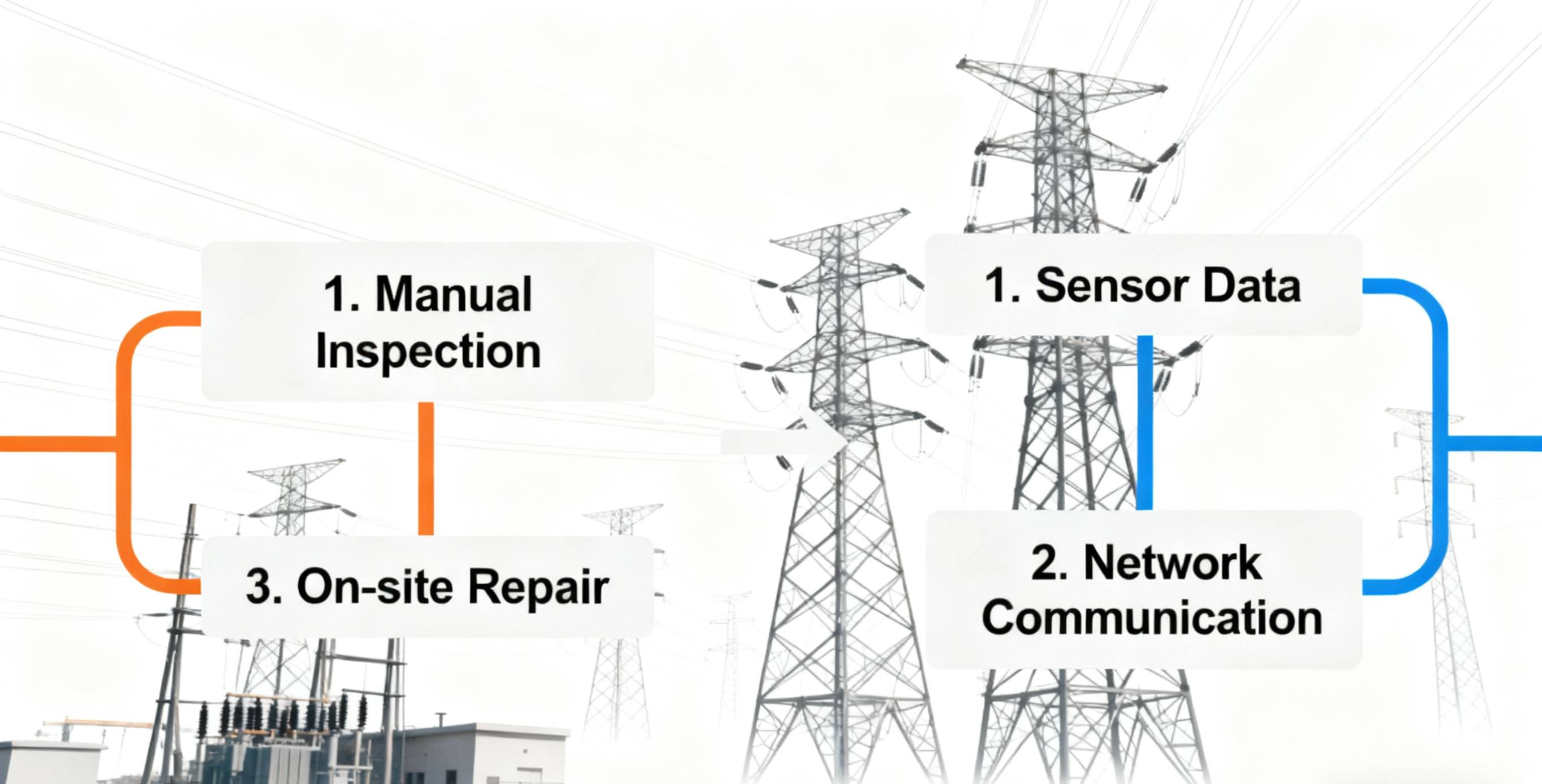 Traditional vs automated distribution systems showing manual inspection versus sensor-based network control.
